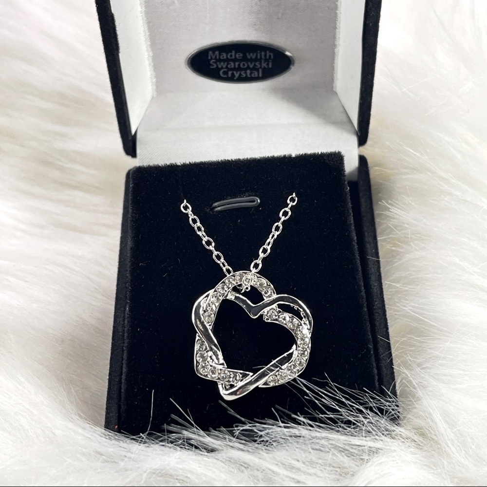 Two Hearts Pendant Necklace with Swarovski Crystals - Silver Heart Necklace gift